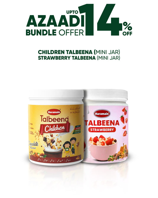 A promotional bundle offer featuring two mini jars of Haramain Foods Talbeena powder: Children's Talbeena in yellow packaging and Strawberry Talbeena in pink packaging, set against a white background with a large 'UPTO AZAADI 14% OFF' banner at the top.